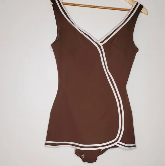 60s Sweetheart Brown Vintage One Piece Swimsuit with White Striped Lining - Picture 8 of 13